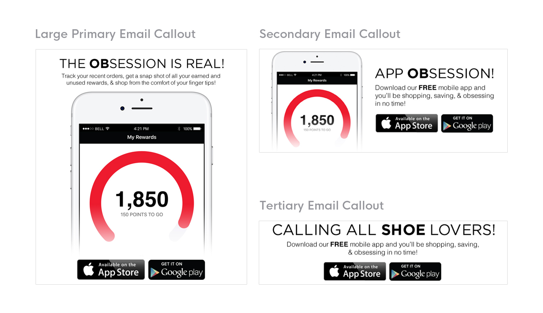 one image showcasing 3 different email call-to-actions specifically designed to market the mobile app