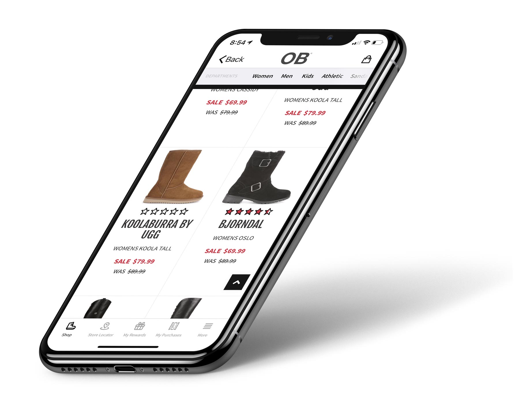 a tilted iphone on a white backgound showing a product listing page full of different shoe styles