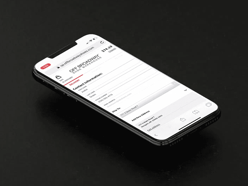 floating iphone on a black background with the new checkout screen from offbroadwayshoes.com