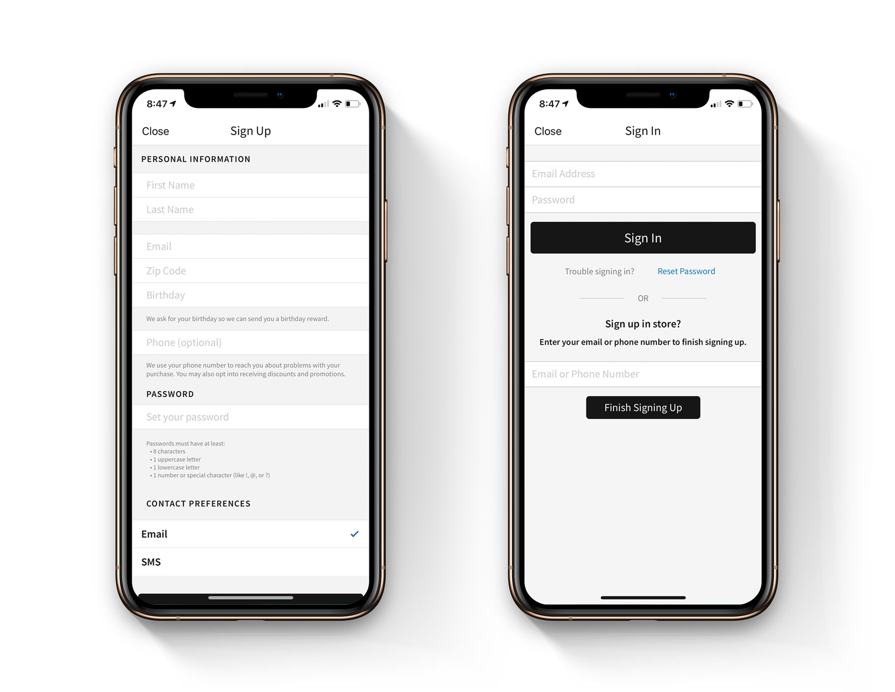 2 iphones side by side on a white background showing the sign up and sign in screens for the off broadway shoe warehouse app