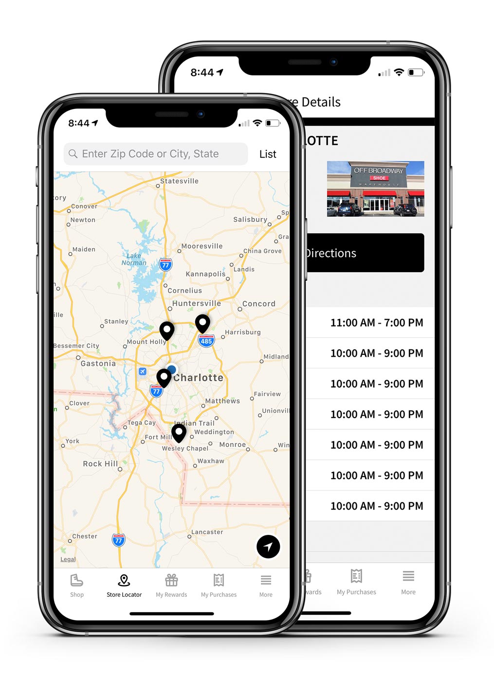 2 iphones standing up side by side showing a store locator page and a store details page