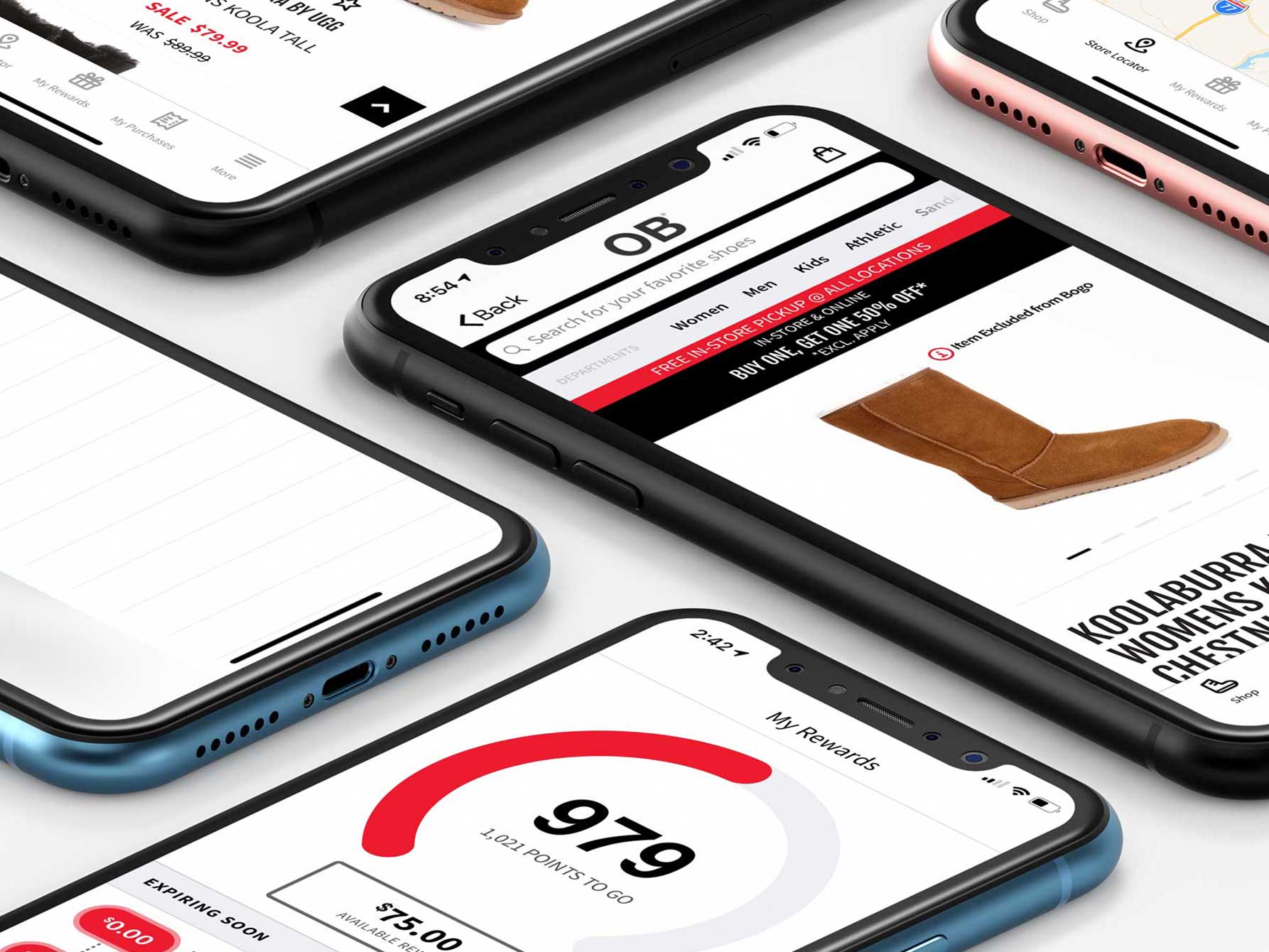 iphones spread out on a white table with different screens from the off broadway shoe warehouse app